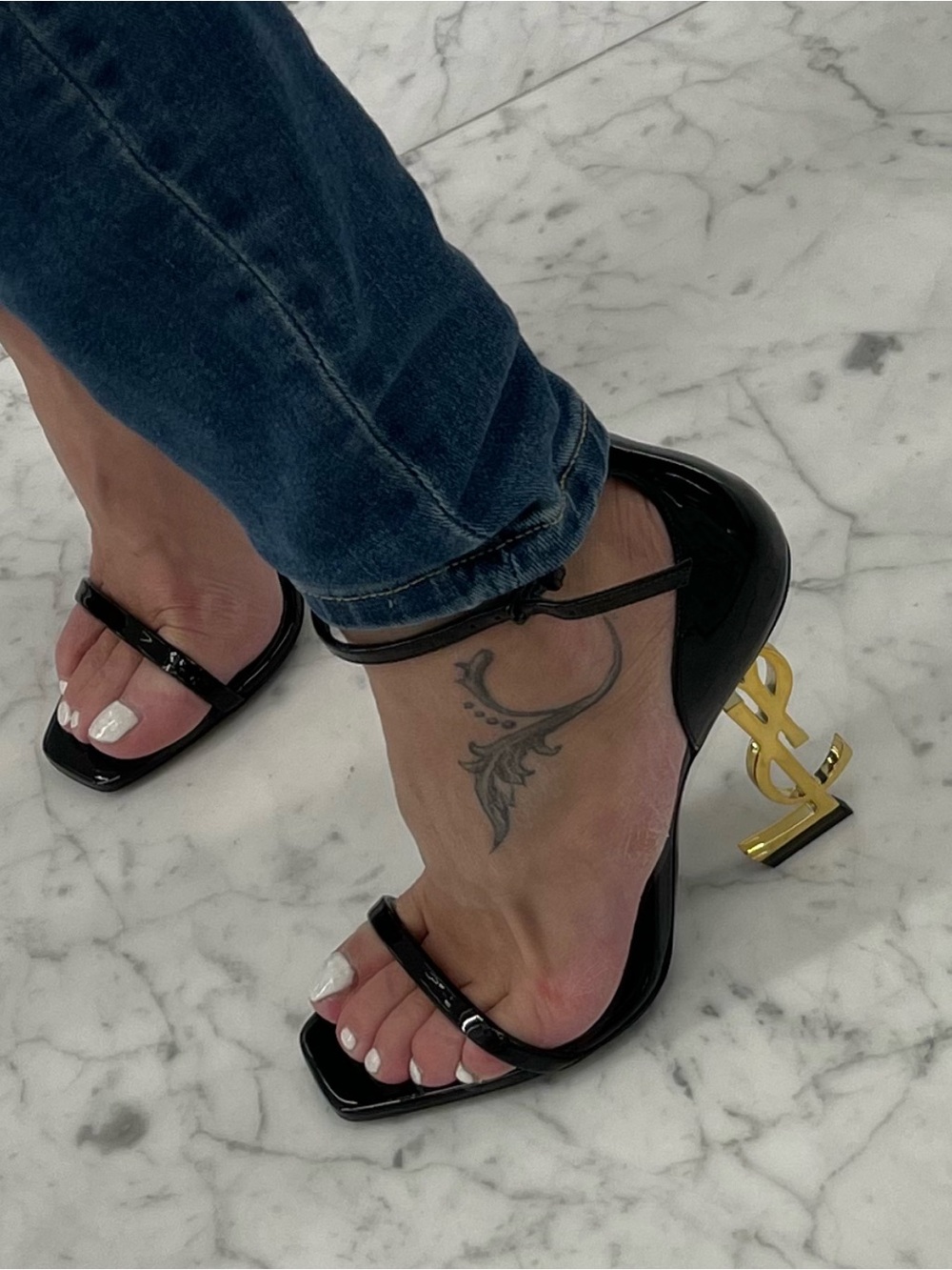 Yves Saint Laurent Black Patent Sandals with Gold YSL Logo Heel